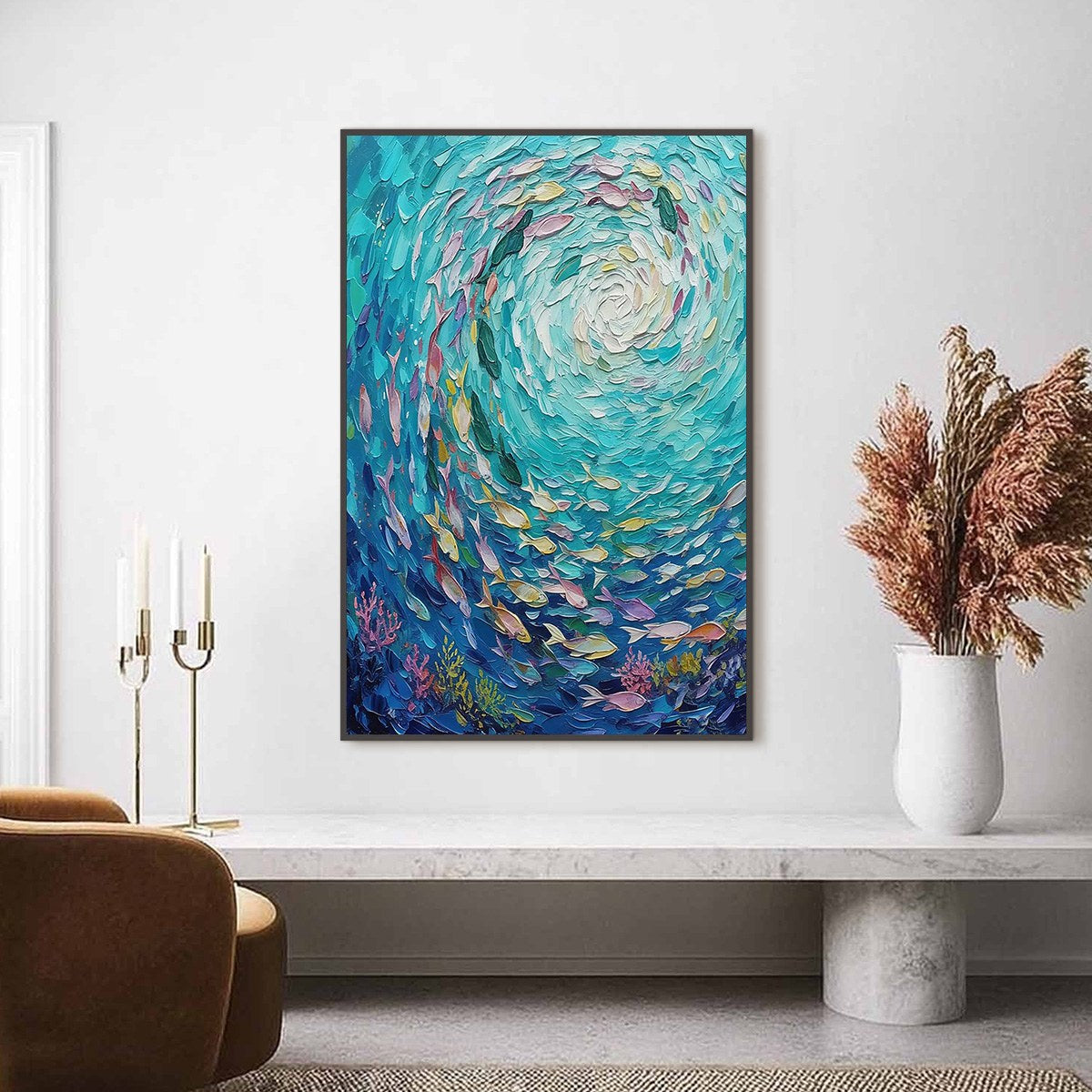 Azure Whirlpool hand-painted turquoise and azure blue textured school of fish painting shown with black frame