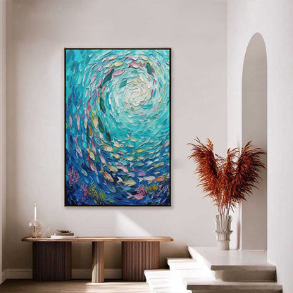 Azure Whirlpool hand-painted turquoise and azure blue textured school of fish painting shown with silver frame