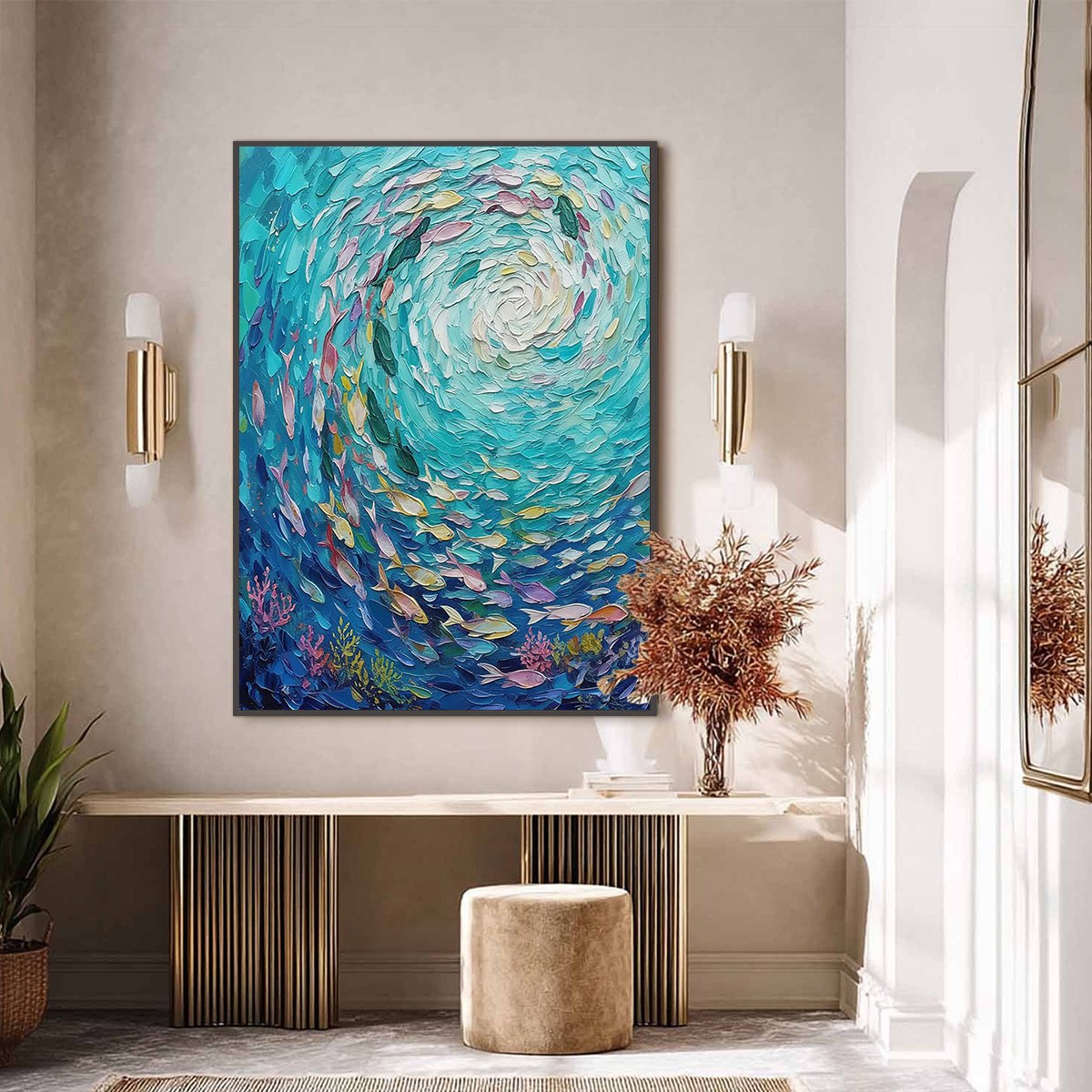 Azure Whirlpool hand-painted turquoise and azure blue textured school of fish painting shown as stretched canvas