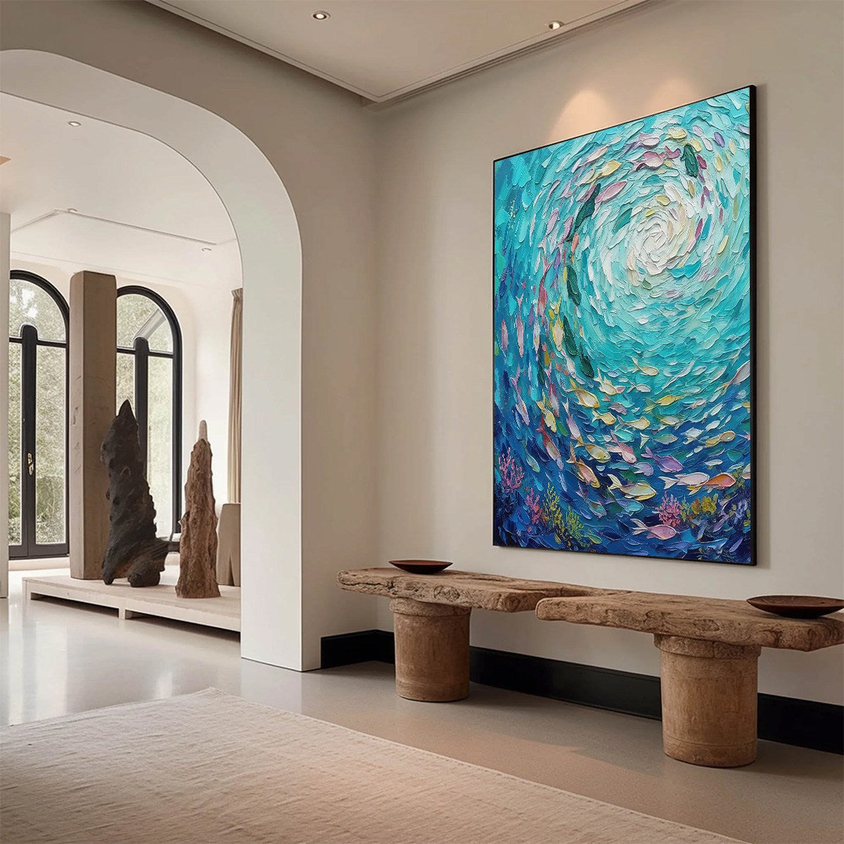 Azure Whirlpool hand-painted turquoise and azure blue textured school of fish painting shown with wood frame