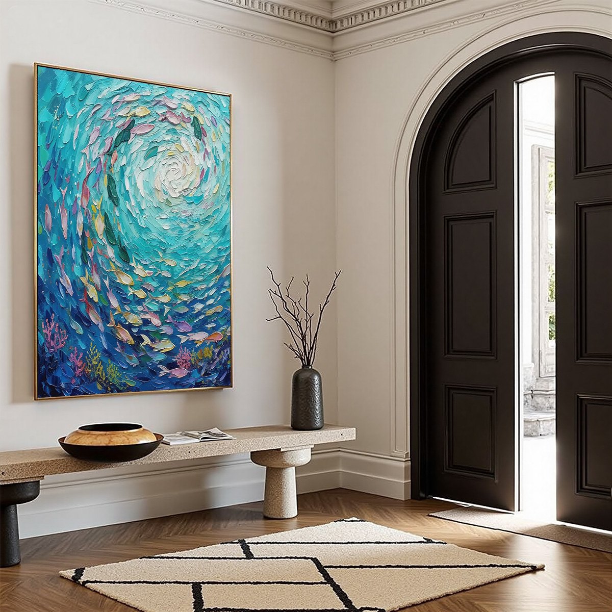 Azure Whirlpool hand-painted turquoise and azure blue textured school of fish painting rolled canvas option