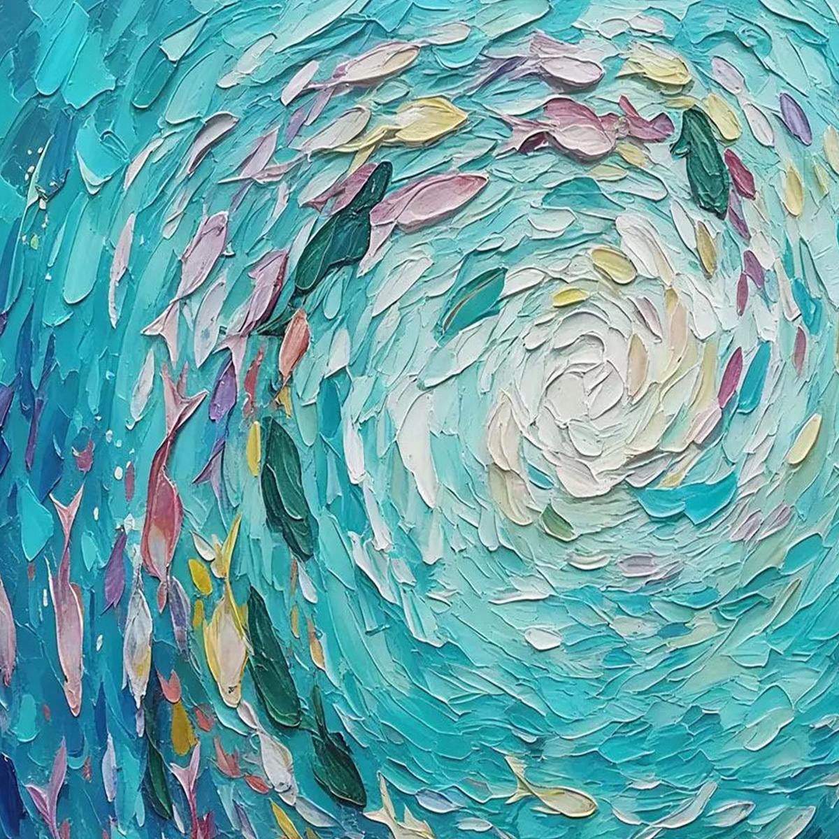 Azure Whirlpool hand-painted turquoise and azure blue textured school of fish painting shown with gold frame