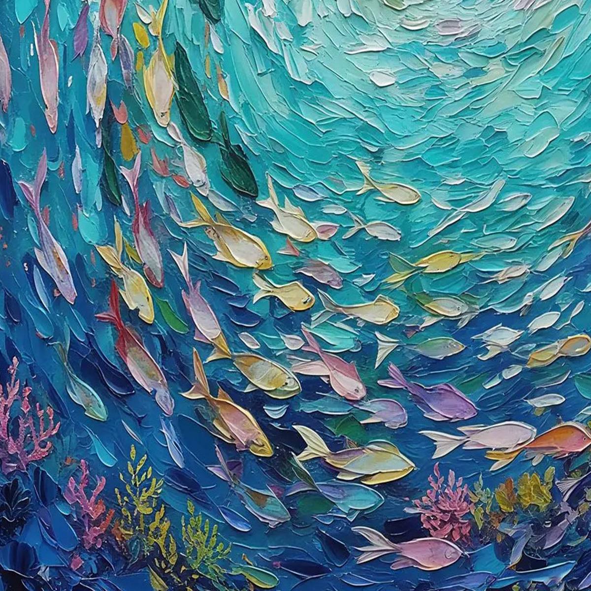 Azure Whirlpool hand-painted turquoise and azure blue textured school of fish painting shown with white frame