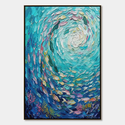 Azure Whirlpool hand-painted turquoise and azure blue textured school of fish painting rolled canvas option
