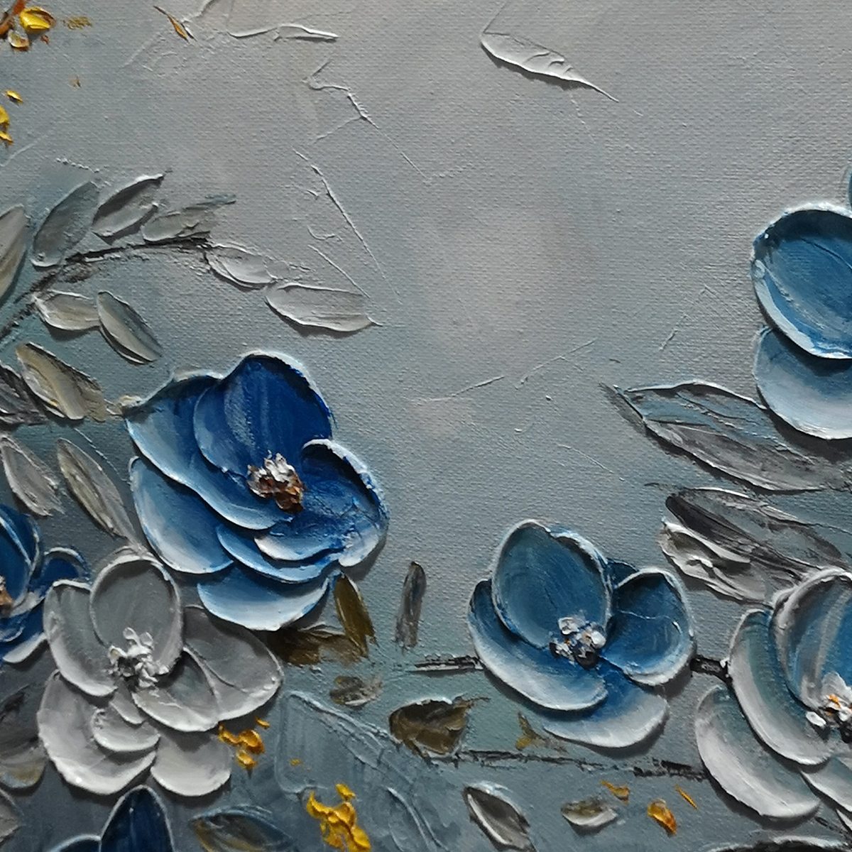 Blue and Gold Floral Textured Oil Painting – Azure Blossoms