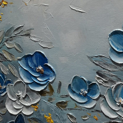 Blue and Gold Floral Textured Oil Painting – Azure Blossoms