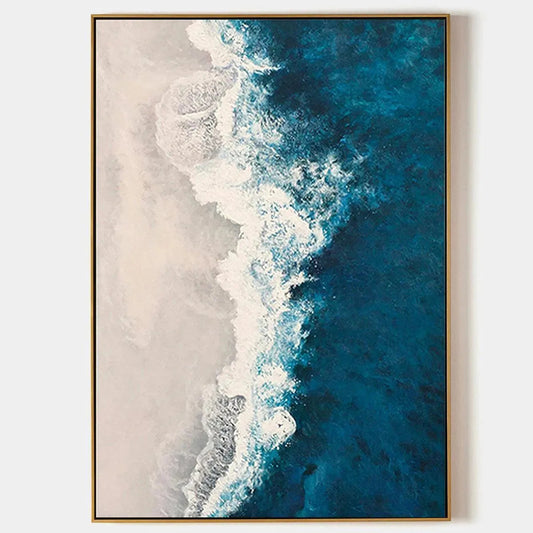 Azure Coast hand-painted beige, azure blue and ocean blue textured coastal abstract painting rolled canvas option