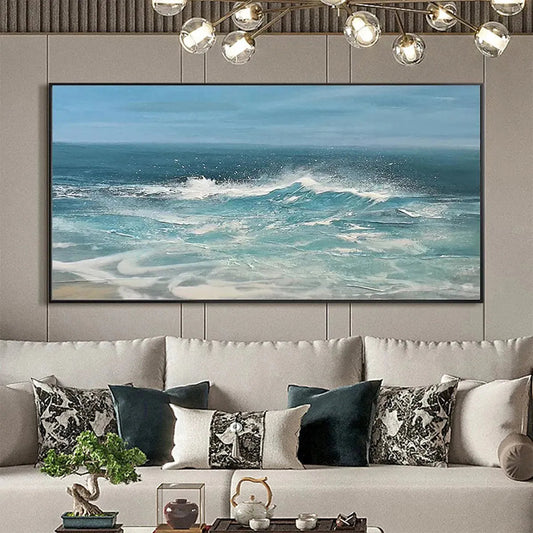 Azure Crests hand-painted azure blue and ocean blue textured ocean wave painting shown as stretched canvas