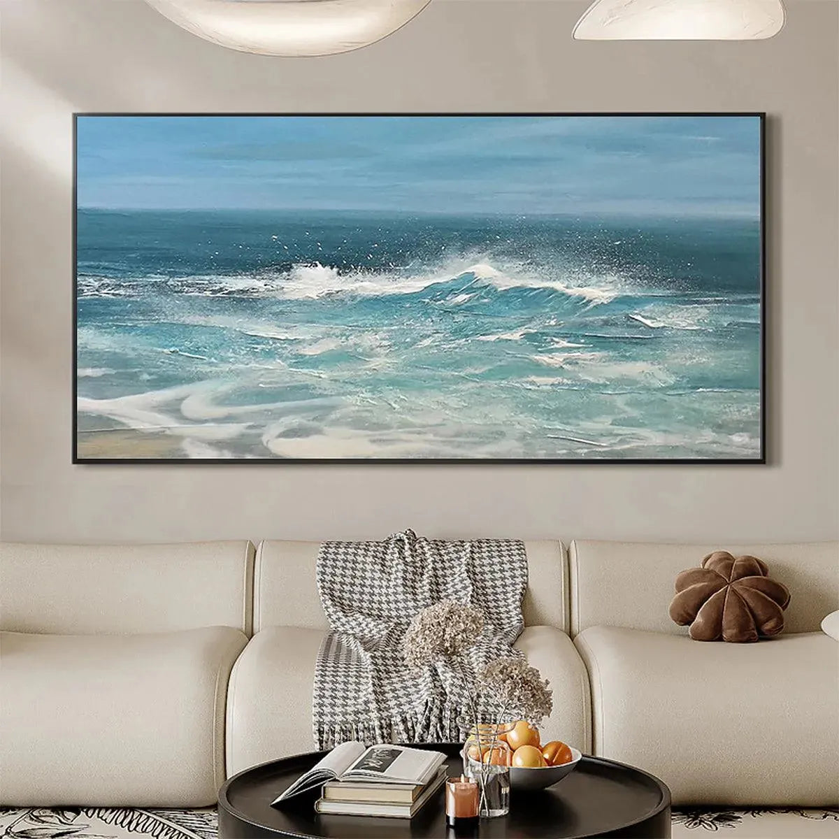 Azure Crests hand-painted azure blue and ocean blue textured ocean wave painting shown with white frame