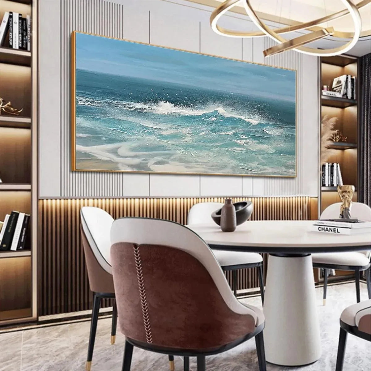 Azure Crests hand-painted azure blue and ocean blue textured ocean wave painting shown with black frame