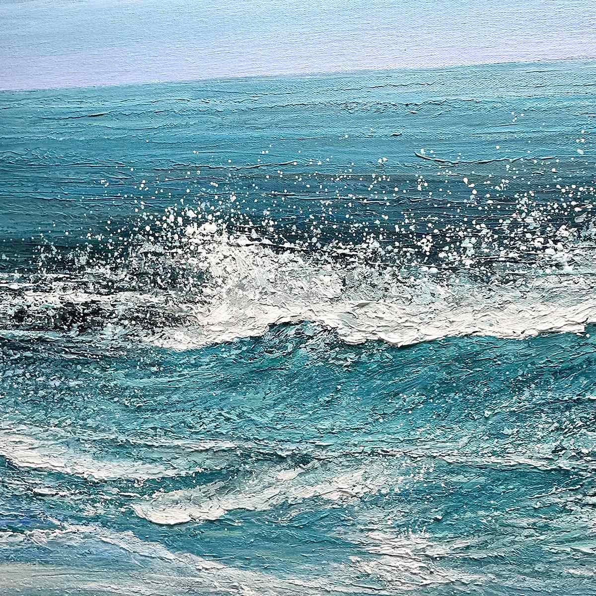 Azure Crests hand-painted azure blue and ocean blue textured ocean wave painting shown with wood frame