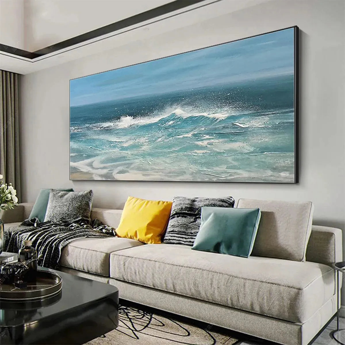 Azure Crests hand-painted azure blue and ocean blue textured ocean wave painting rolled canvas option