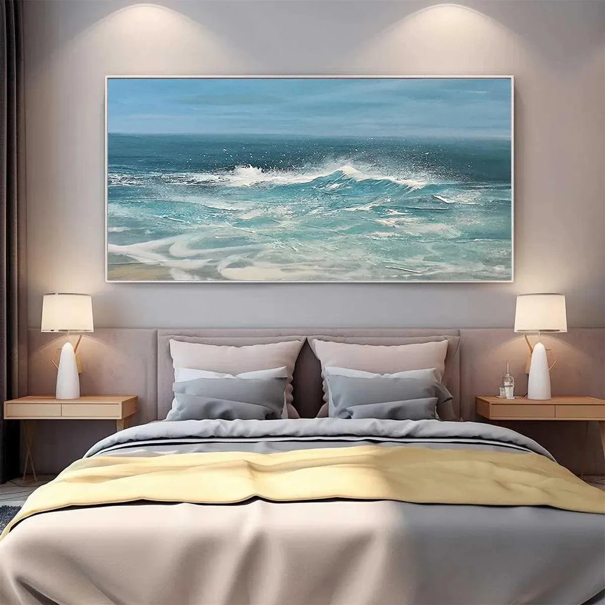 Azure Crests hand-painted azure blue and ocean blue textured ocean wave painting shown as stretched canvas