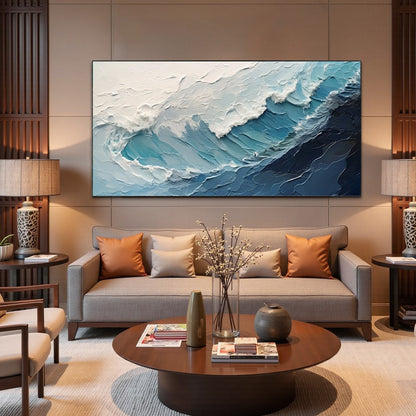 Azure Crest hand-painted azure blue and ivory textured ocean wave painting shown with black frame