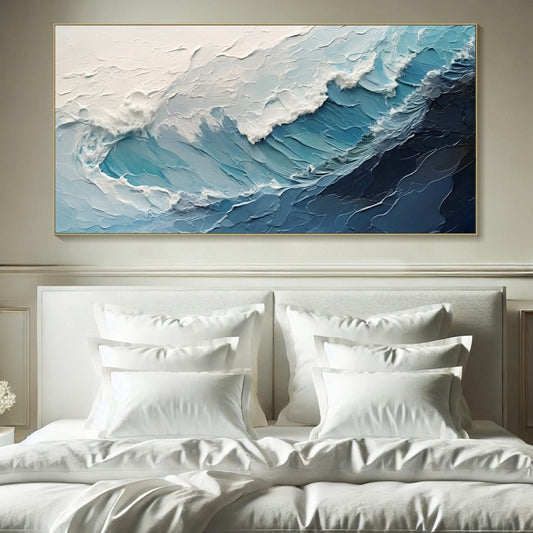 Azure Crest hand-painted azure blue and ivory textured ocean wave painting shown as stretched canvas