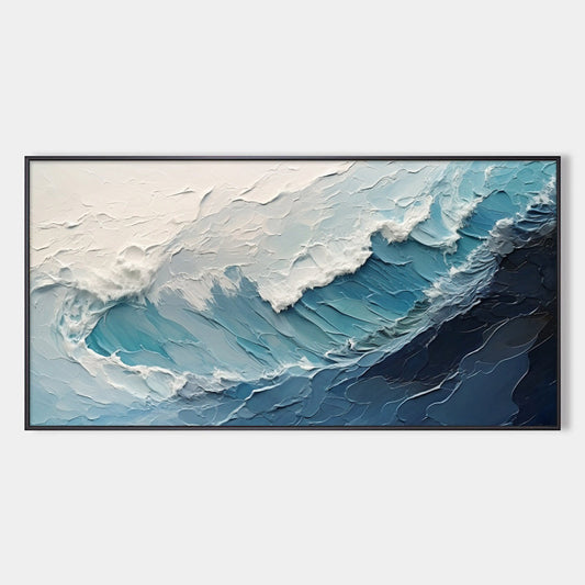 Azure Crest hand-painted azure blue and ivory textured ocean wave painting rolled canvas option