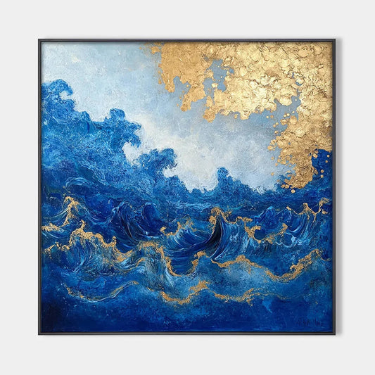 Azure Crest hand-painted azure blue and gold textured ocean wave painting rolled canvas option