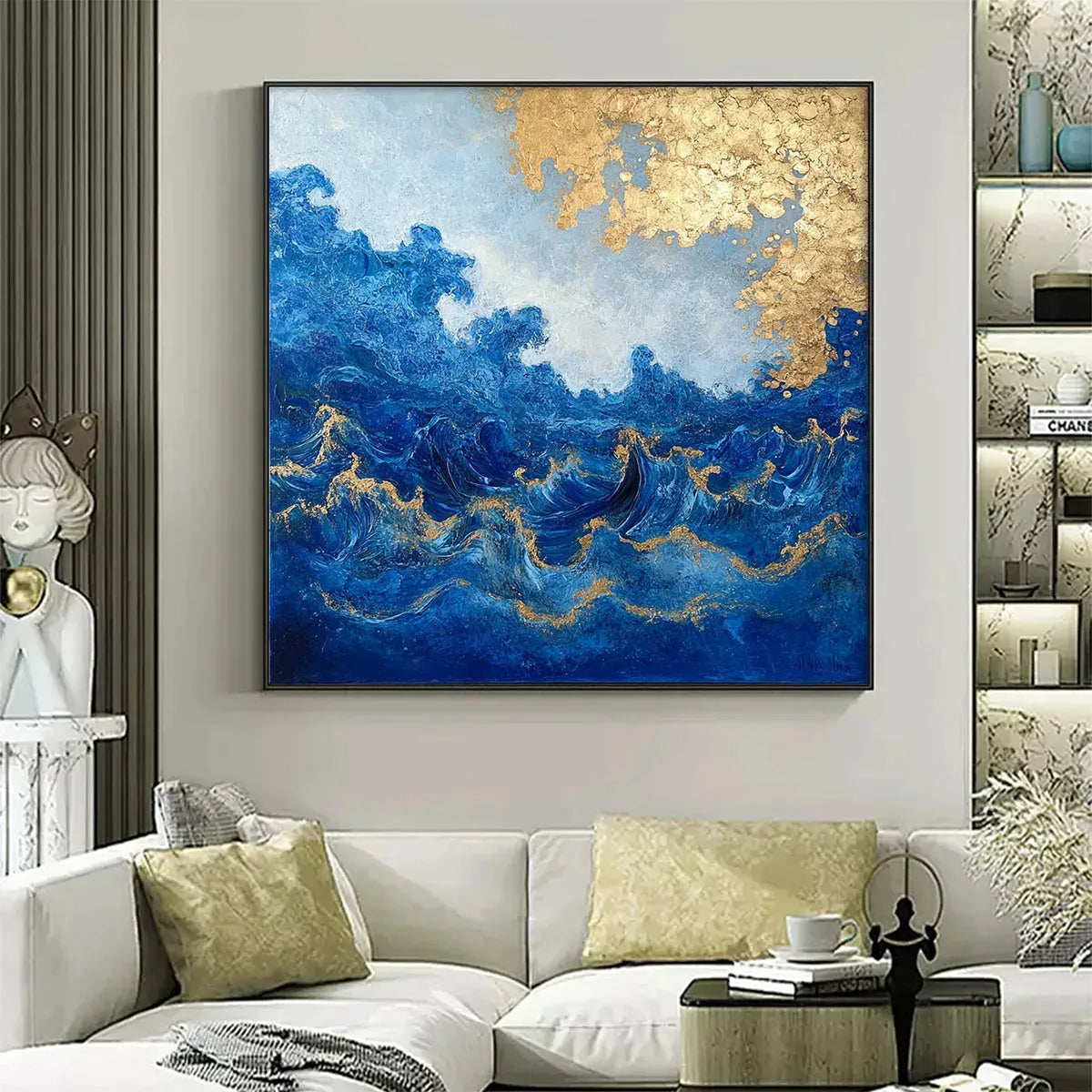 Azure Crest hand-painted azure blue and gold textured ocean wave painting shown as stretched canvas