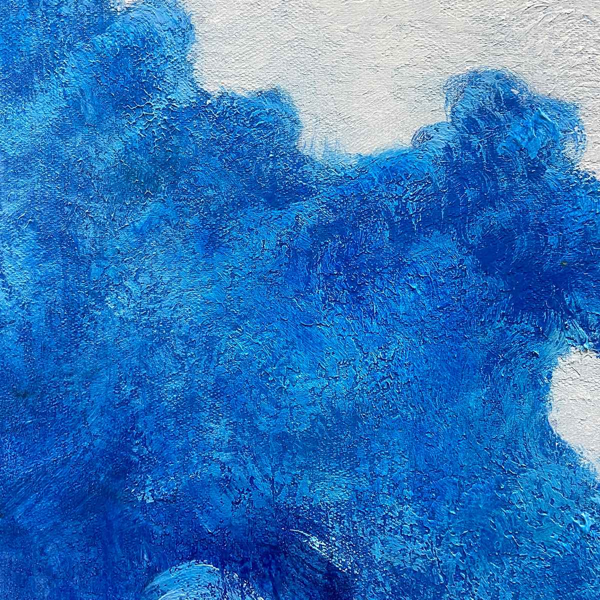 Azure Crest hand-painted azure blue and gold textured ocean wave painting shown with silver frame