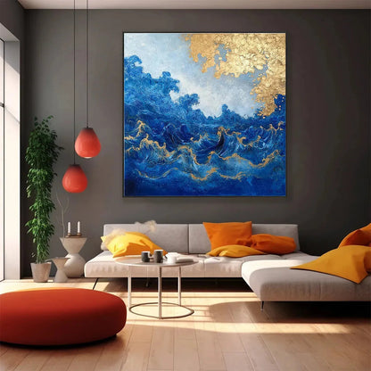 Azure Crest hand-painted azure blue and gold textured ocean wave painting shown with white frame