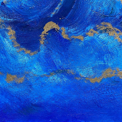 Azure Crest hand-painted azure blue and gold textured ocean wave painting shown with wood frame