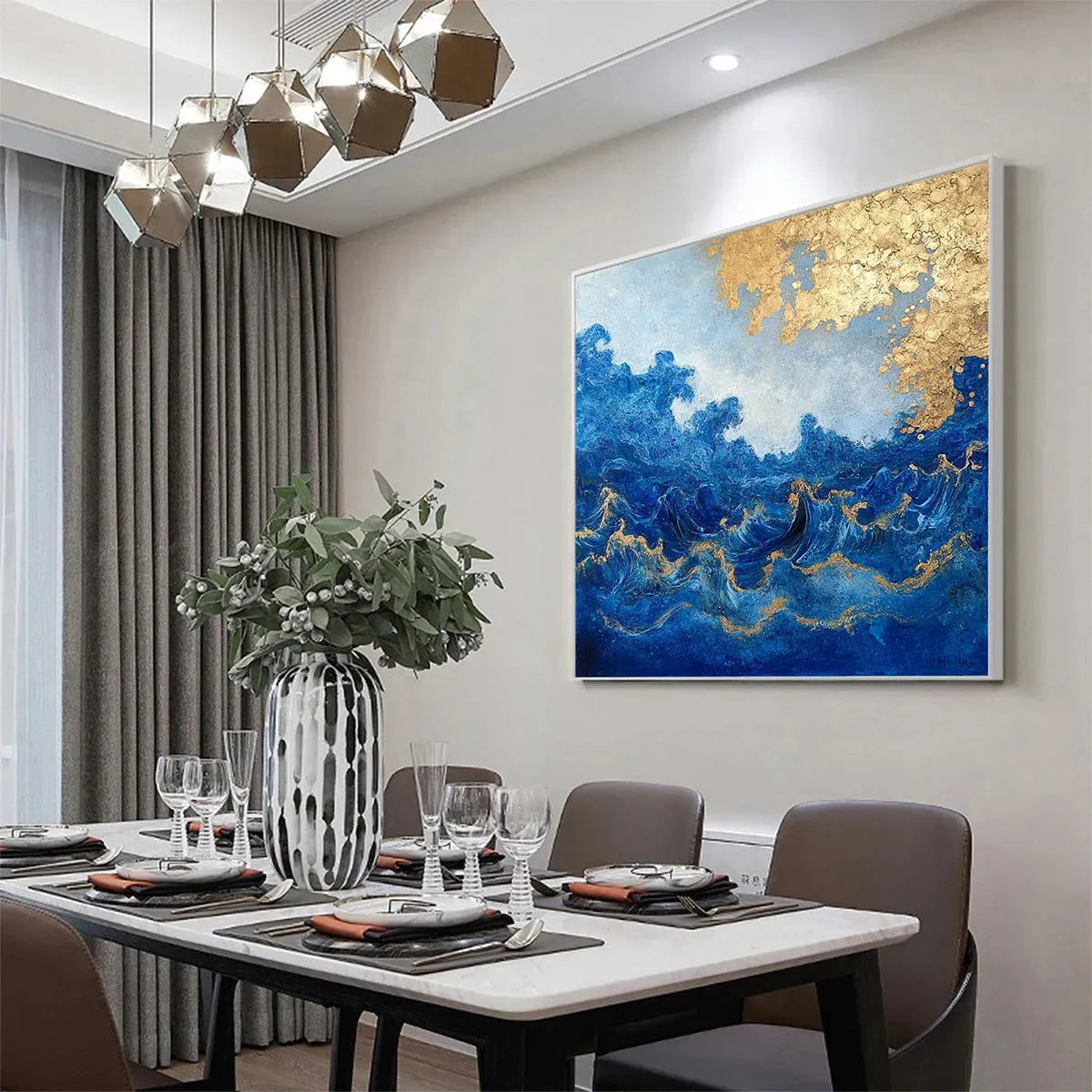 Azure Crest hand-painted azure blue and gold textured ocean wave painting rolled canvas option