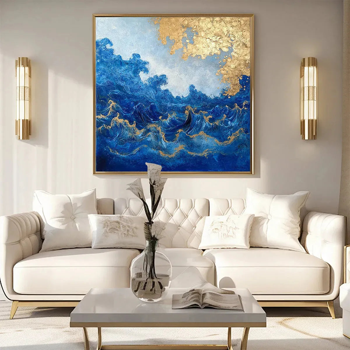Azure Crest hand-painted azure blue and gold textured ocean wave painting shown as stretched canvas