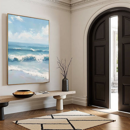 Azure Crest hand-painted white and azure blue textured ocean wave painting shown with black frame