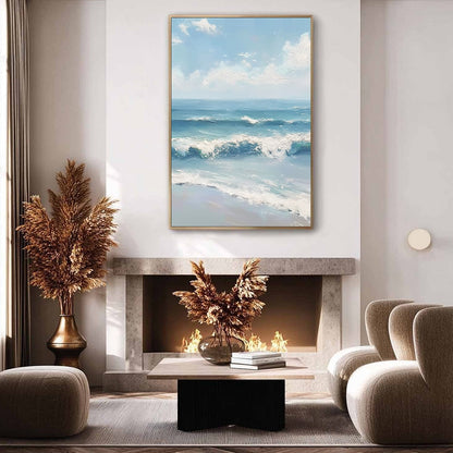 Azure Crest hand-painted white and azure blue textured ocean wave painting shown with silver frame