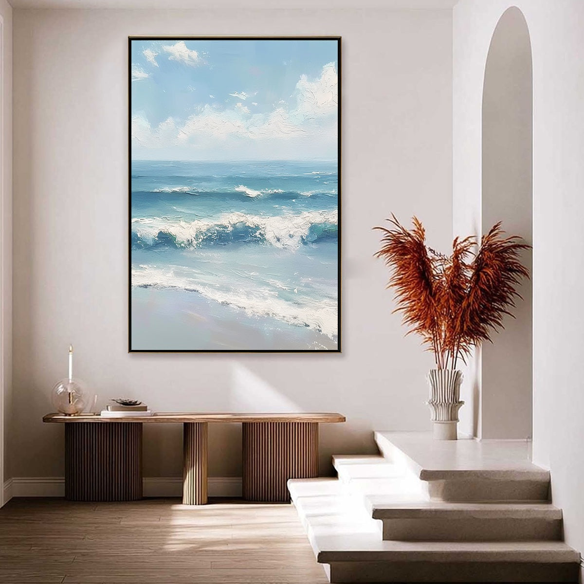 Azure Crest hand-painted white and azure blue textured ocean wave painting shown with gold frame