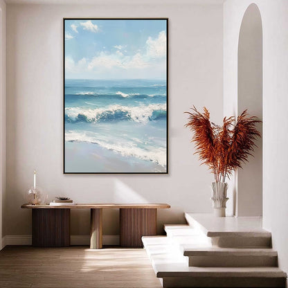 Azure Crest hand-painted white and azure blue textured ocean wave painting shown with gold frame