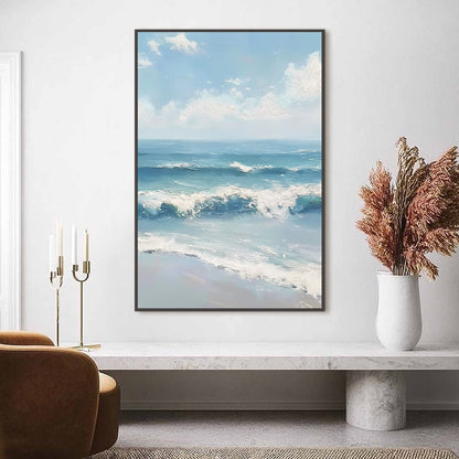 Azure Crest hand-painted white and azure blue textured ocean wave painting shown as stretched canvas