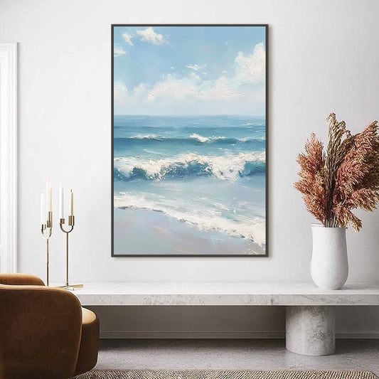 Azure Crest hand-painted white and azure blue textured ocean wave painting shown as stretched canvas