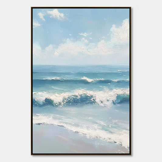 Azure Crest hand-painted white and azure blue textured ocean wave painting rolled canvas option