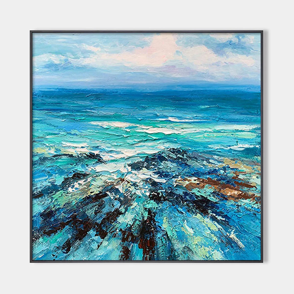 Azure Depths hand-painted azure blue and ivory textured seascape painting rolled canvas option