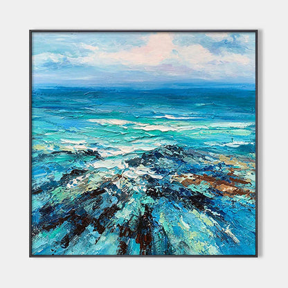 Azure Depths hand-painted azure blue and ivory textured seascape painting rolled canvas option