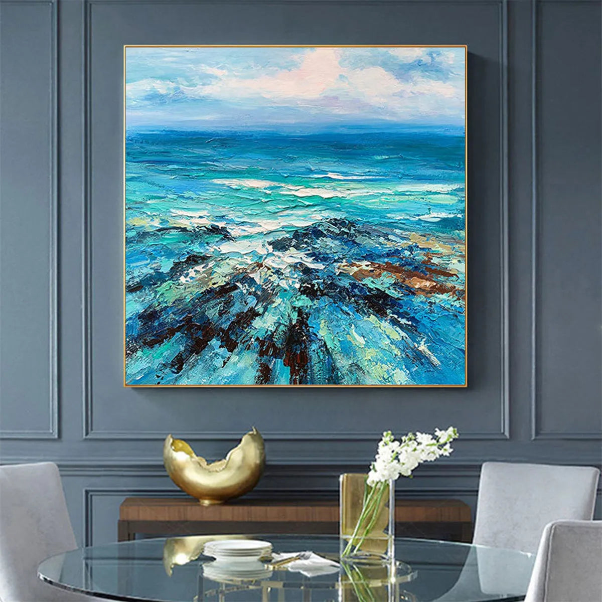 Azure Depths hand-painted azure blue and ivory textured seascape painting shown as stretched canvas