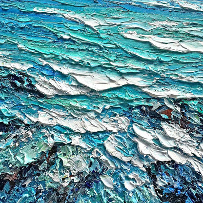Azure Depths hand-painted azure blue and ivory textured seascape painting shown with silver frame