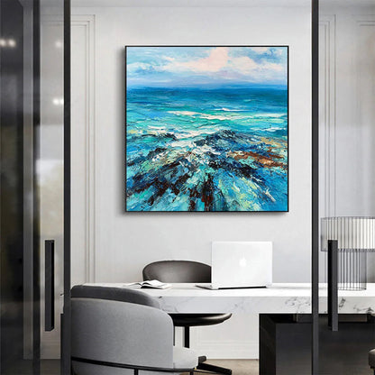 Azure Depths hand-painted azure blue and ivory textured seascape painting shown with black frame