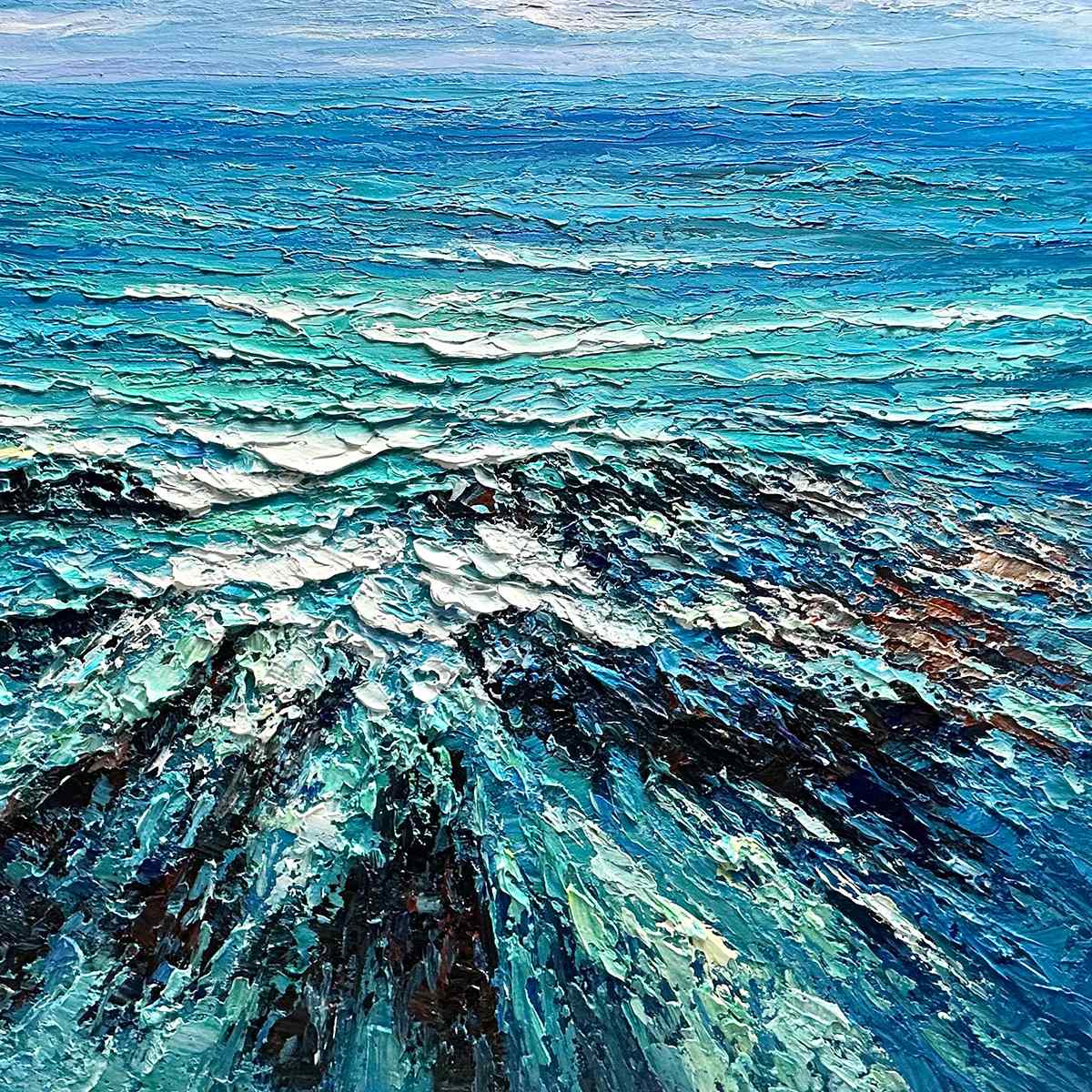 Azure Depths hand-painted azure blue and ivory textured seascape painting shown with wood frame