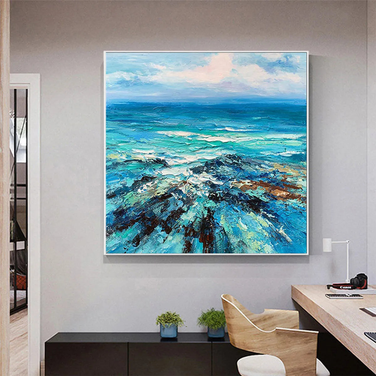 Azure Depths hand-painted azure blue and ivory textured seascape painting rolled canvas option