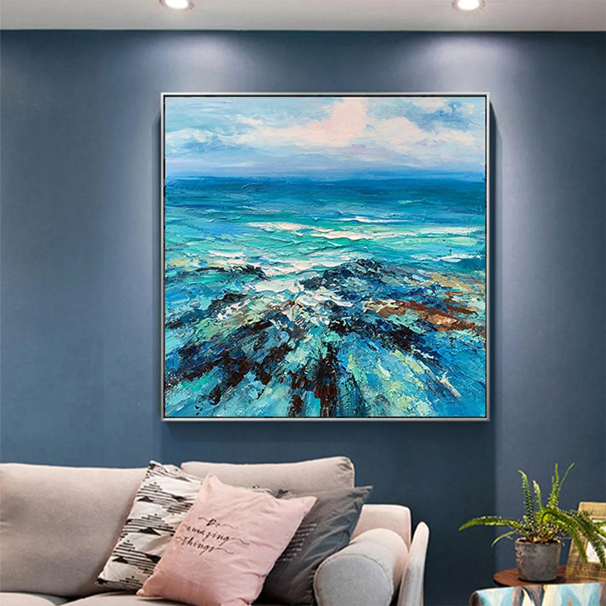 Azure Depths hand-painted azure blue and ivory textured seascape painting shown as stretched canvas