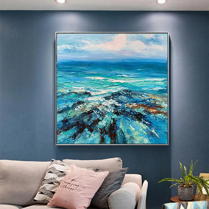 Azure Depths hand-painted azure blue and ivory textured seascape painting shown as stretched canvas