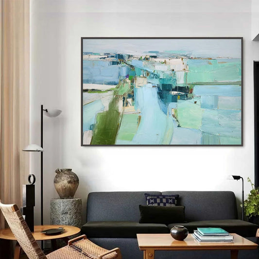 Azure Dream hand-painted azure blue and ivory textured coastal landscape painting shown as stretched canvas