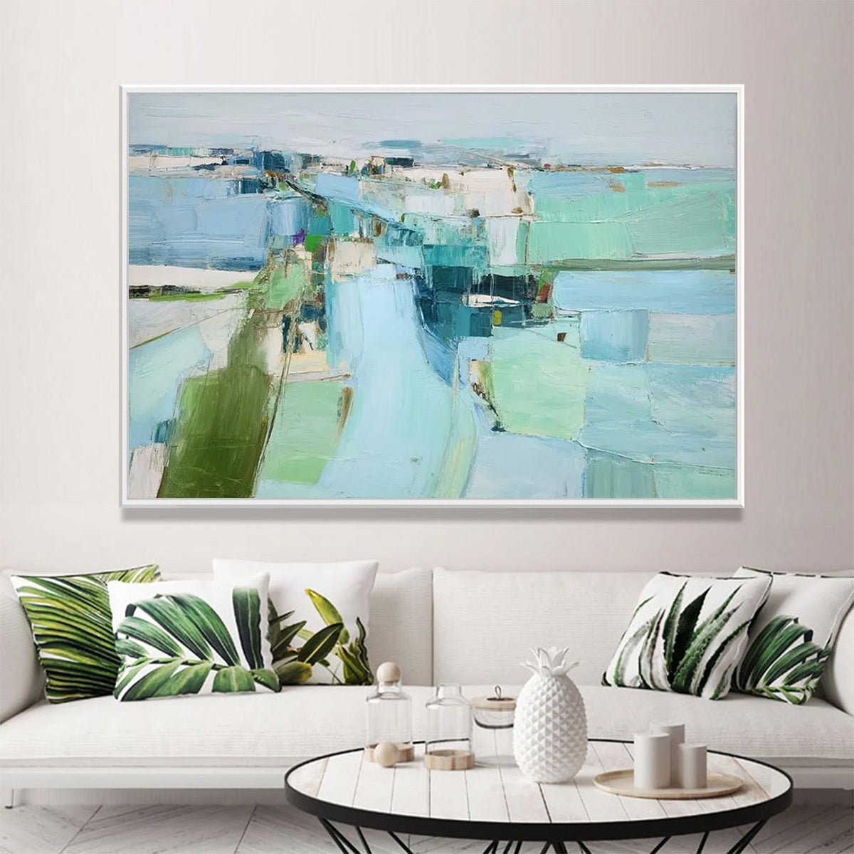 Azure Dream hand-painted azure blue and ivory textured coastal landscape painting shown with black frame