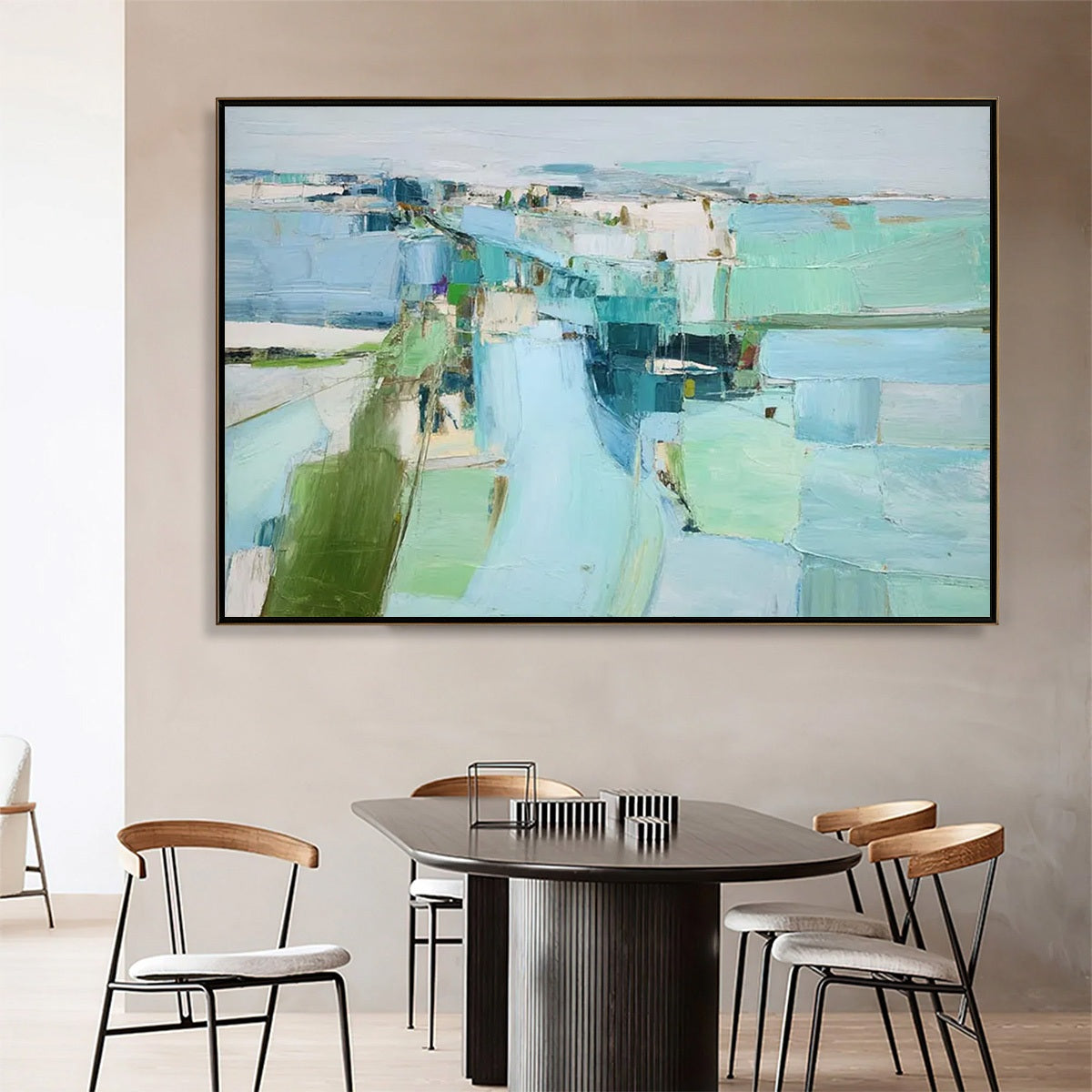Azure Dream hand-painted azure blue and ivory textured coastal landscape painting shown as stretched canvas