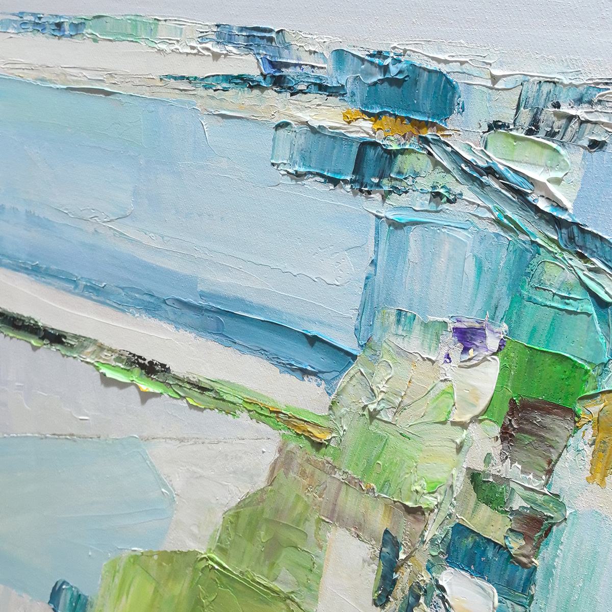 Azure Dream hand-painted azure blue and ivory textured coastal landscape painting shown with wood frame