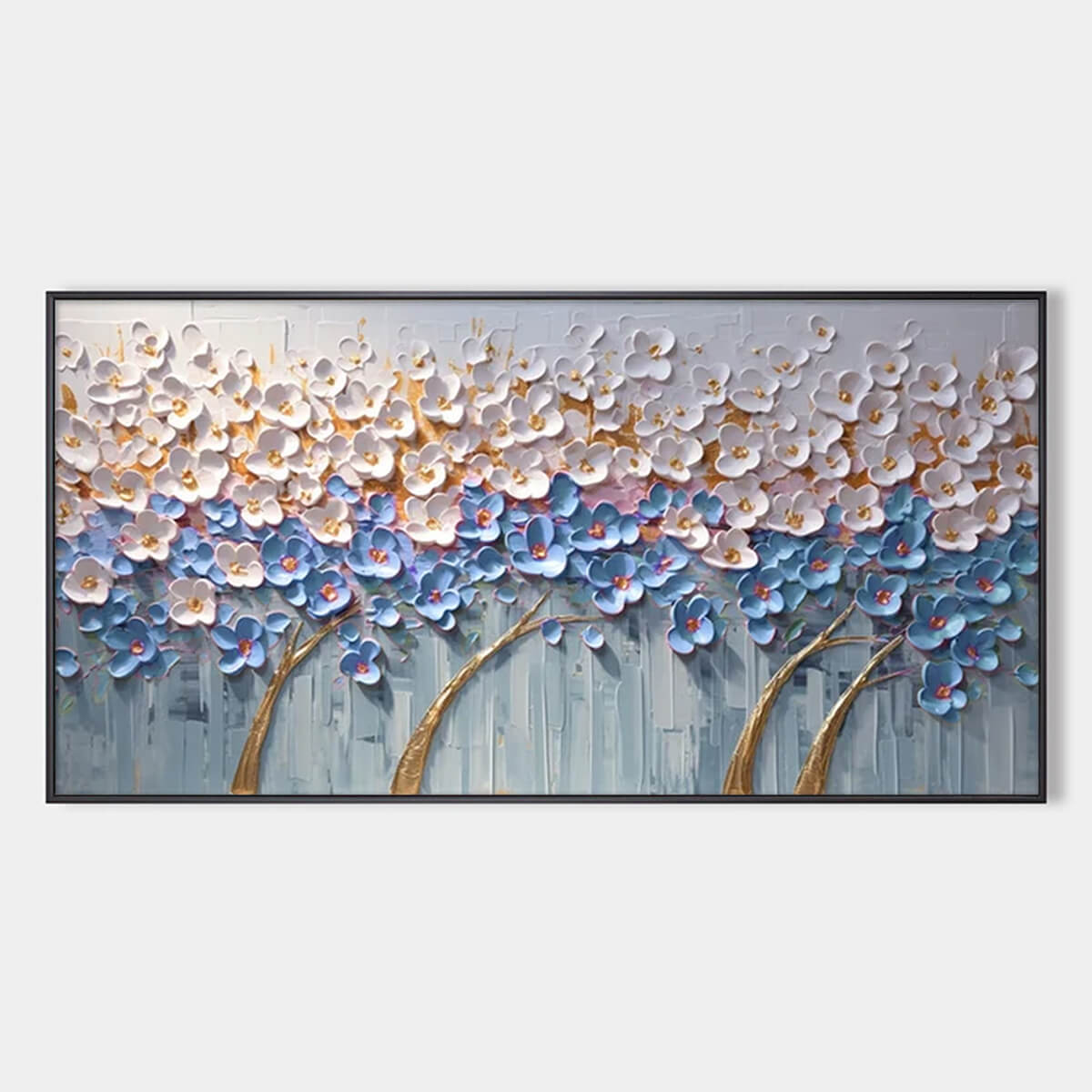 Azure Dream hand-painted white, azure blue, ocean blue and gold textured blossom tree painting rolled canvas option