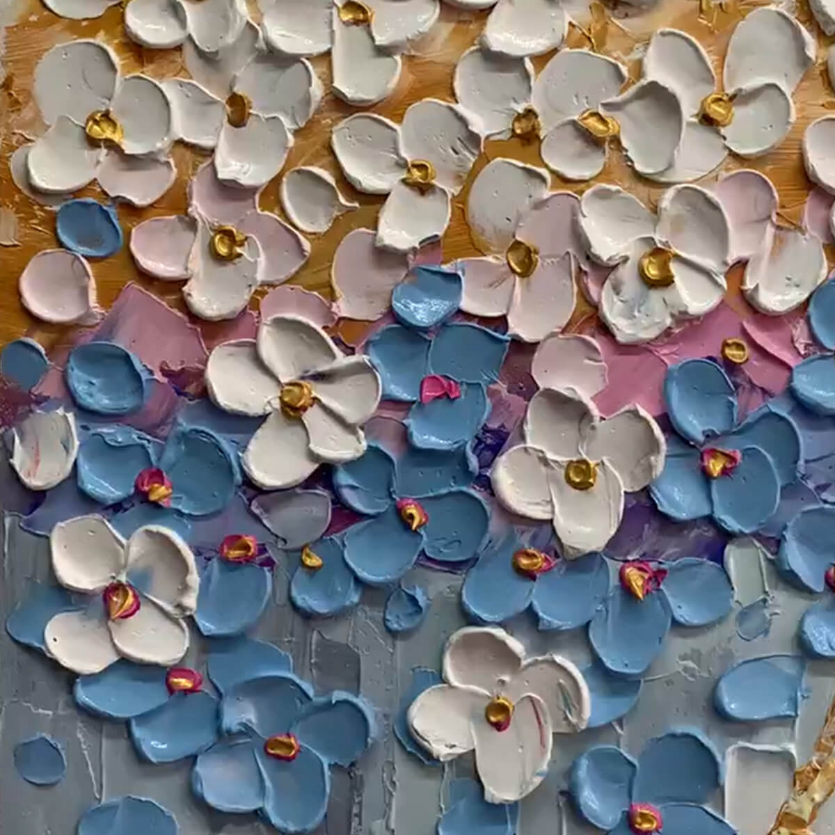 Azure Dream hand-painted white, azure blue, ocean blue and gold textured blossom tree painting shown with gold frame