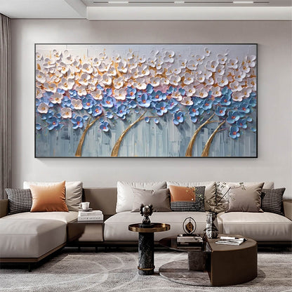 Azure Dream hand-painted white, azure blue, ocean blue and gold textured blossom tree painting shown as stretched canvas